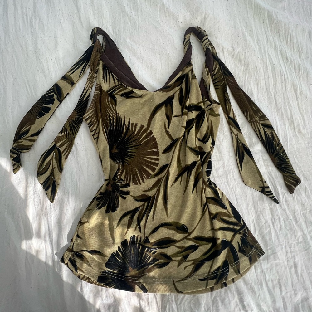 Khaki and black floral print tie-up top size M from Mandee
